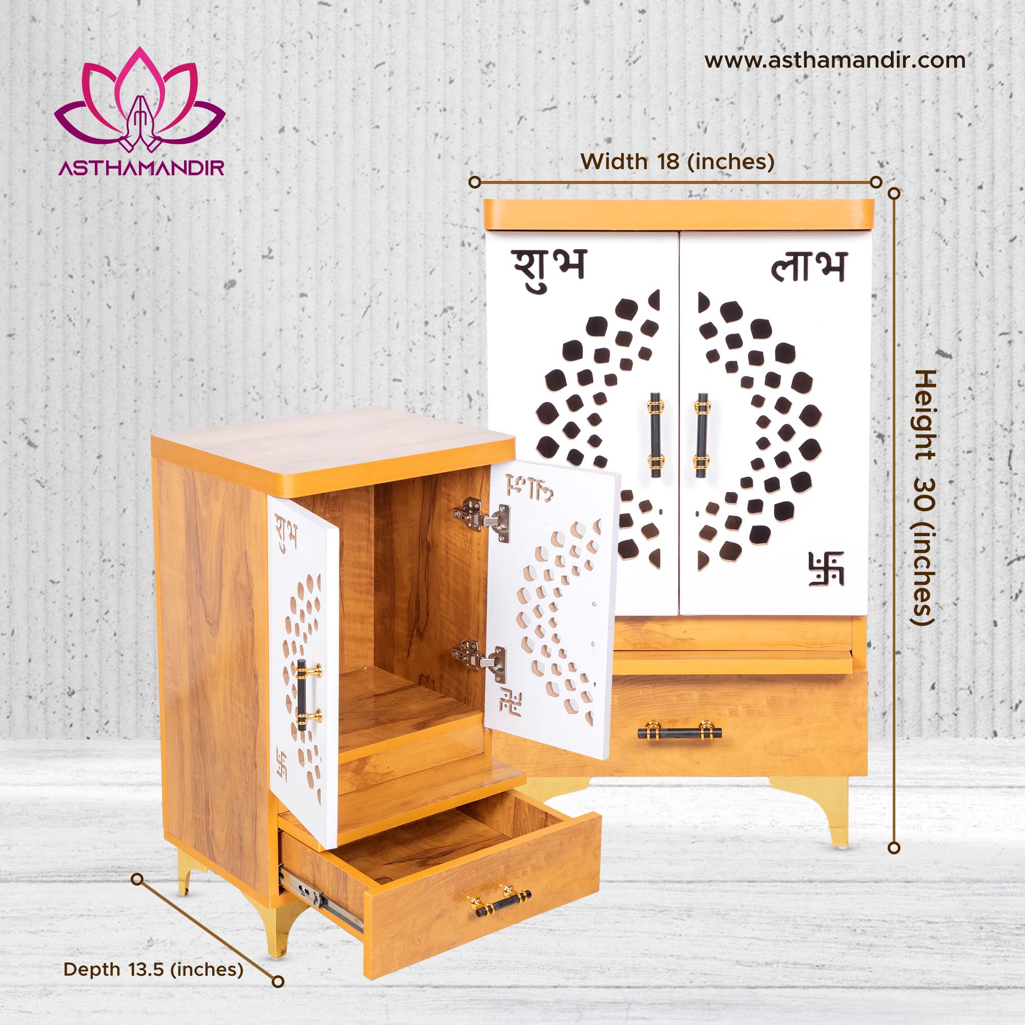 Serene StepWood Mandir with Minimalist Carved Doors & Brass Touch Accents