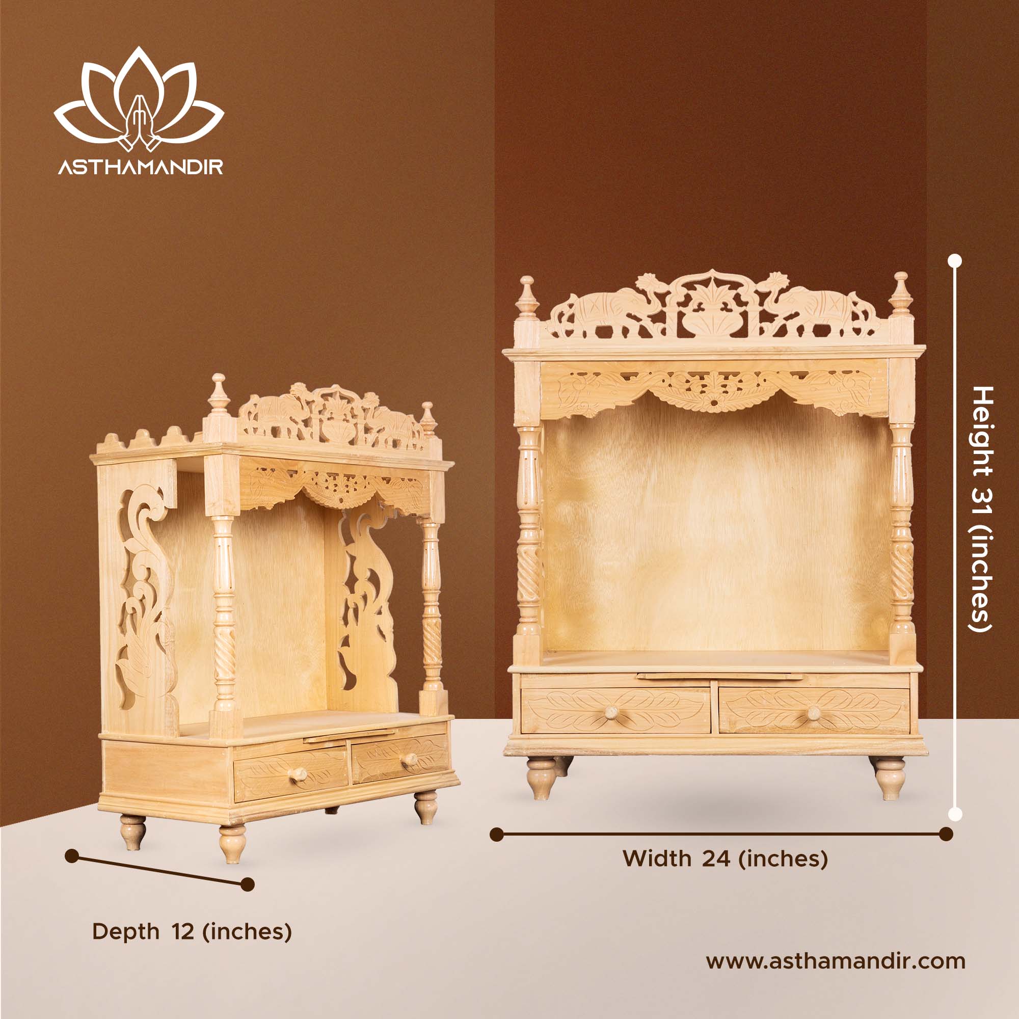 Traditional Open Wooden Temple with Double Drawer Storage