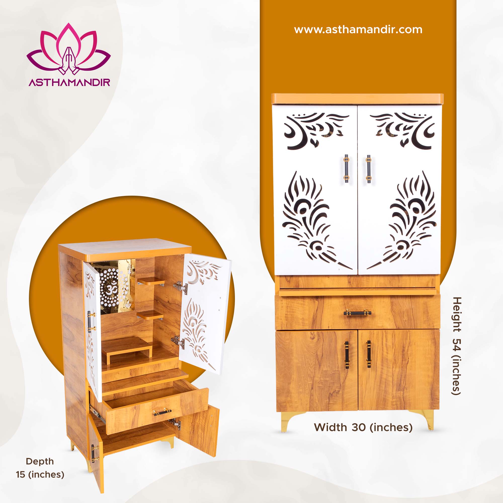 Trinity Grace Mandir with Triple Step Platform & Gold Mirror Peacock Feather Panel