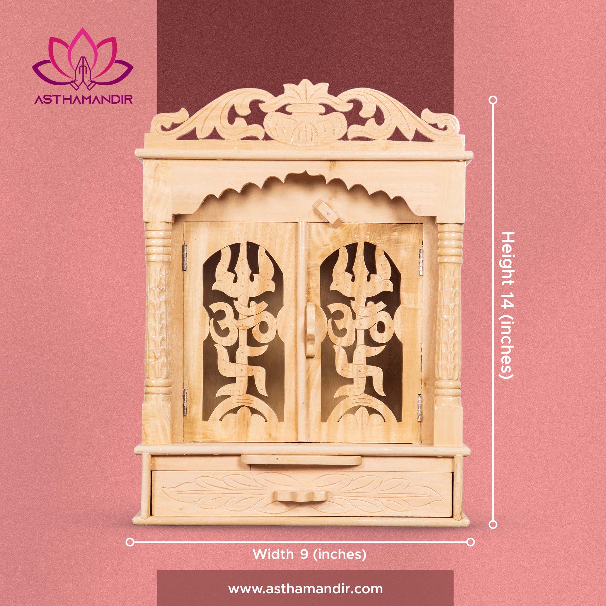 Seven Wood Temple with Door, 2 Drawers & Tray - Home Puja Mandir