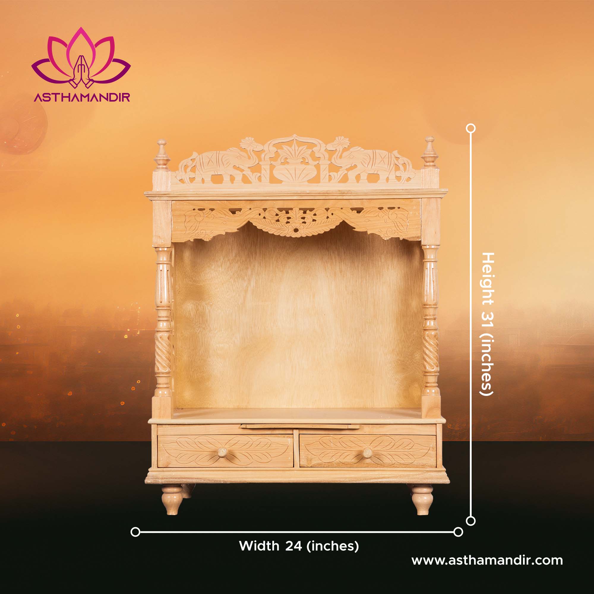 Traditional Open Wooden Temple with Double Drawer Storage