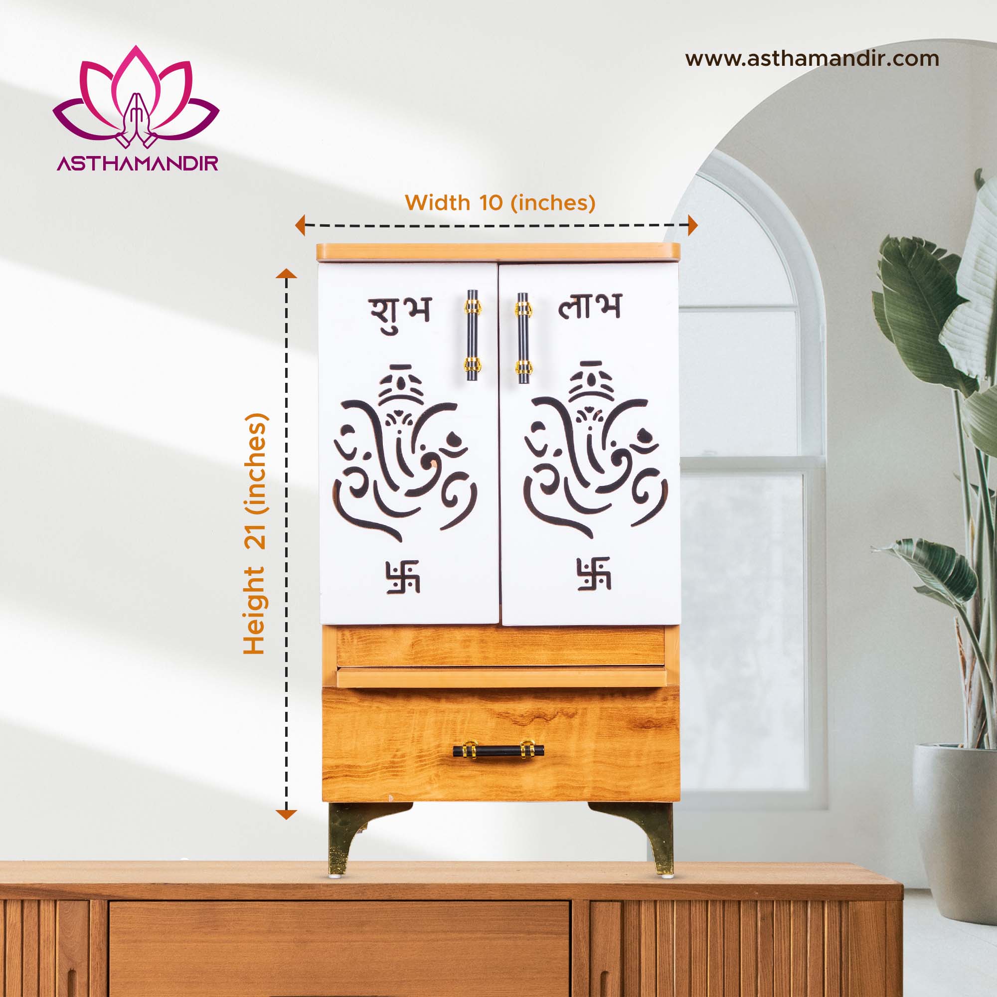 Modern Elegance Engineered Wood Mandir with Designer White Doors & Brass Hardware