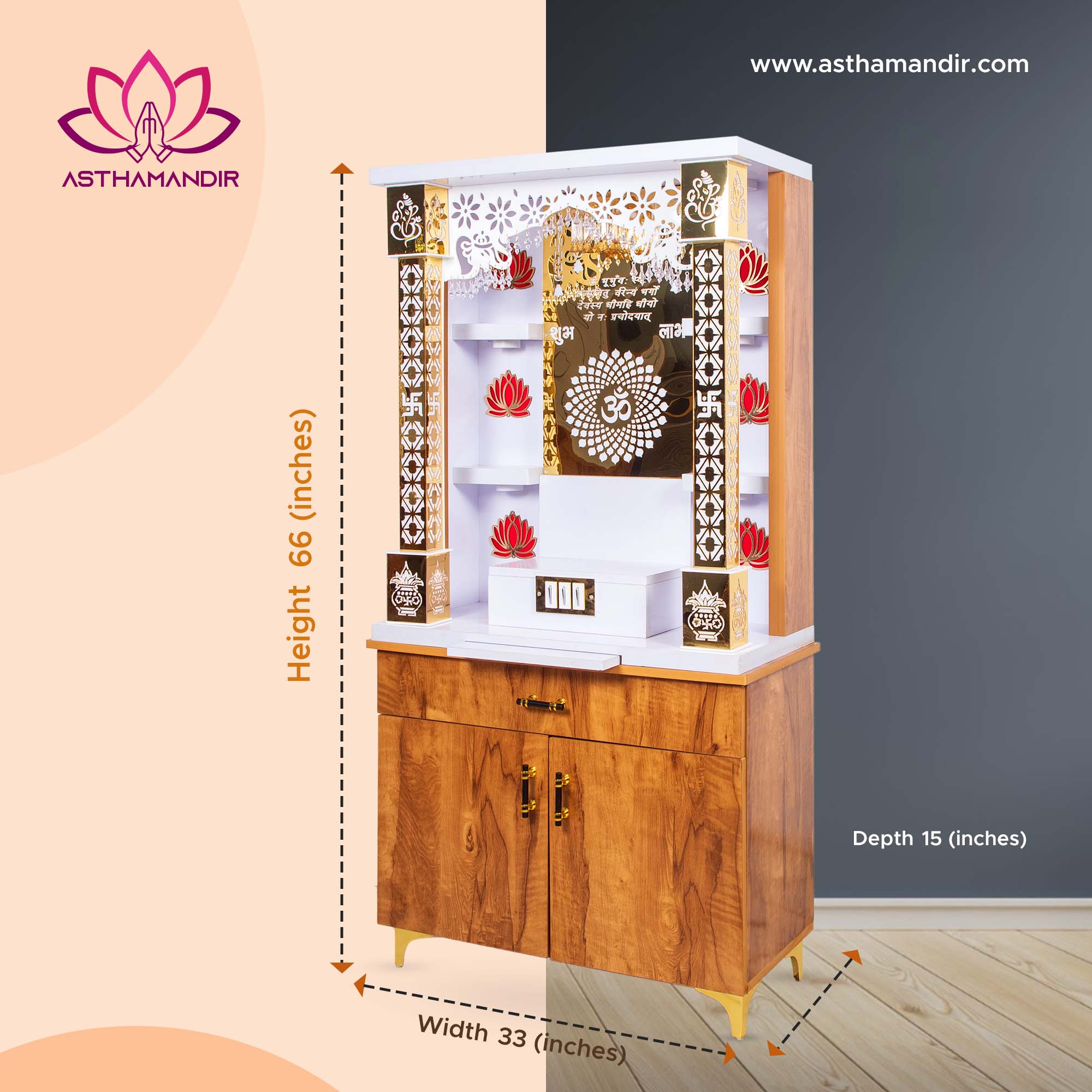 The Wooden Factory Large White Home Temple With Inbuilt Light And Cnc Om Symbol Cutting Door Engineered Wood Home Temple