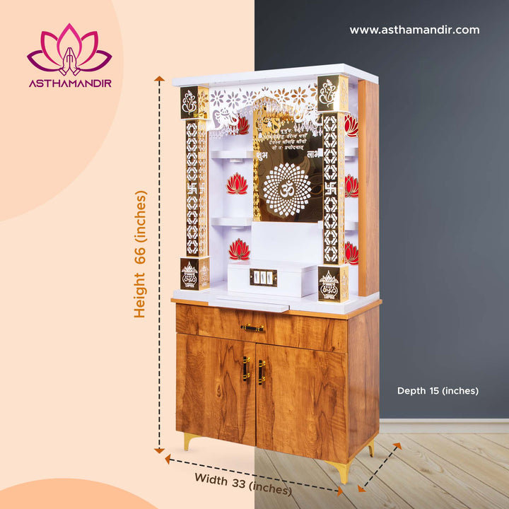 The Wooden Factory Large White Home Temple With Inbuilt Light And Cnc Om Symbol Cutting Door Engineered Wood Home Temple