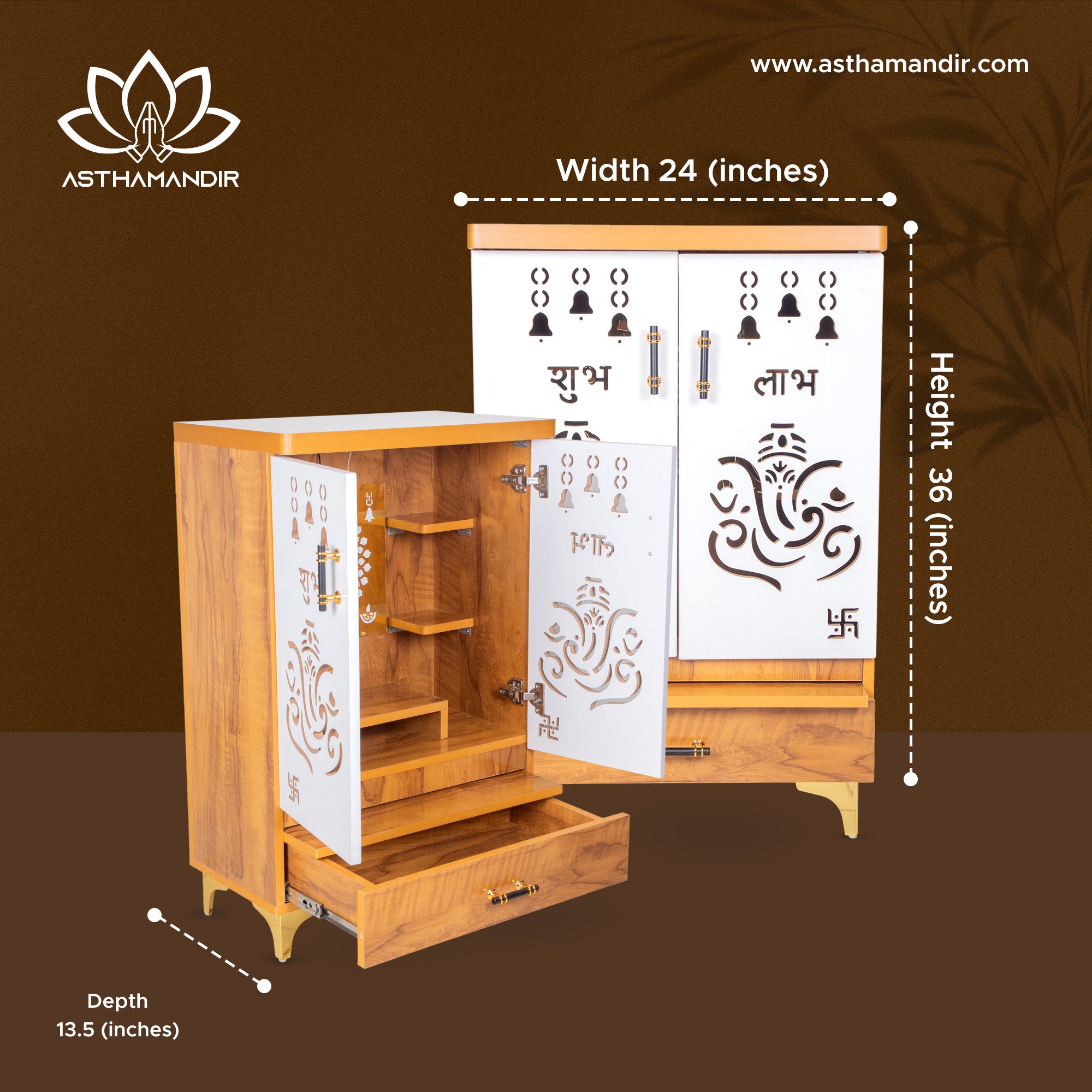 Vighnaharta Designer Mandir with Ganesha Cutwork & Multi-Shelf Display