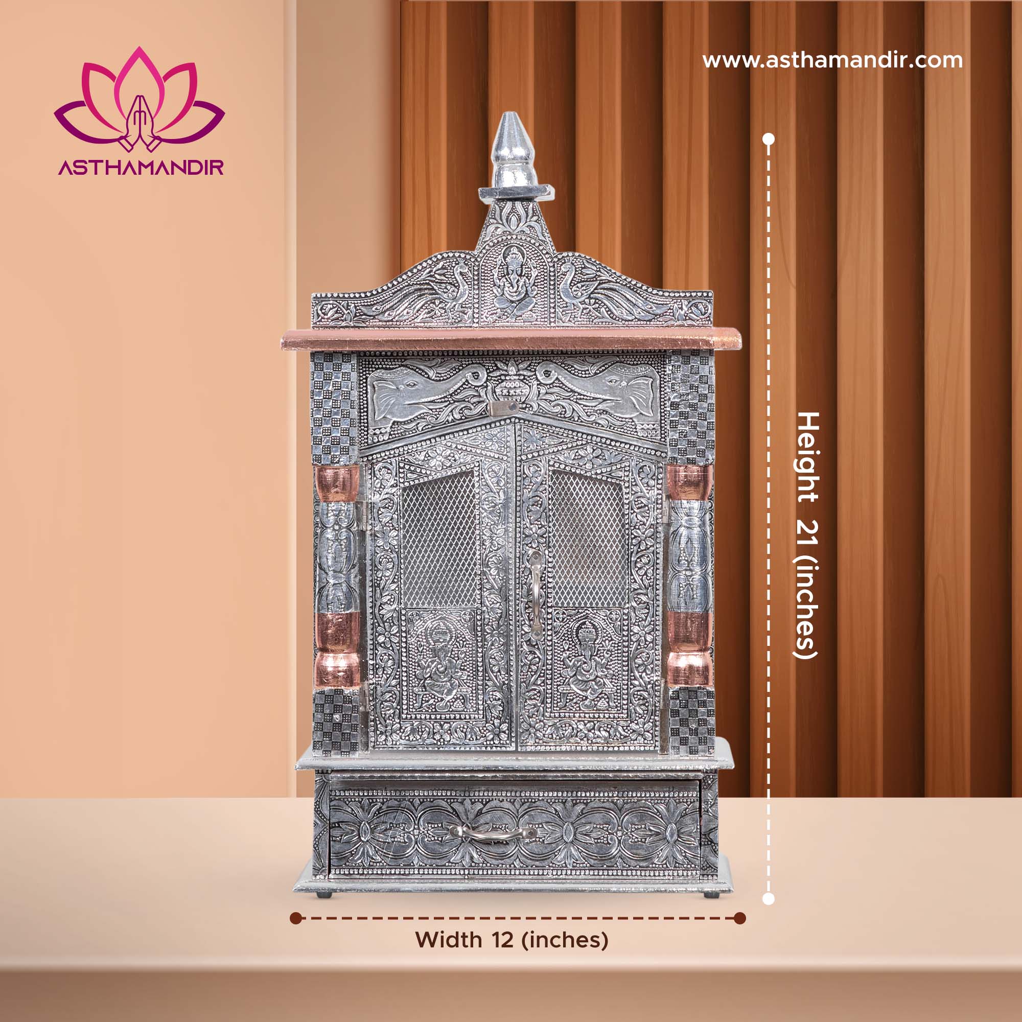 Celestial Heritage Metal Mandir with Lotus Engravings & Copper Dome Accent