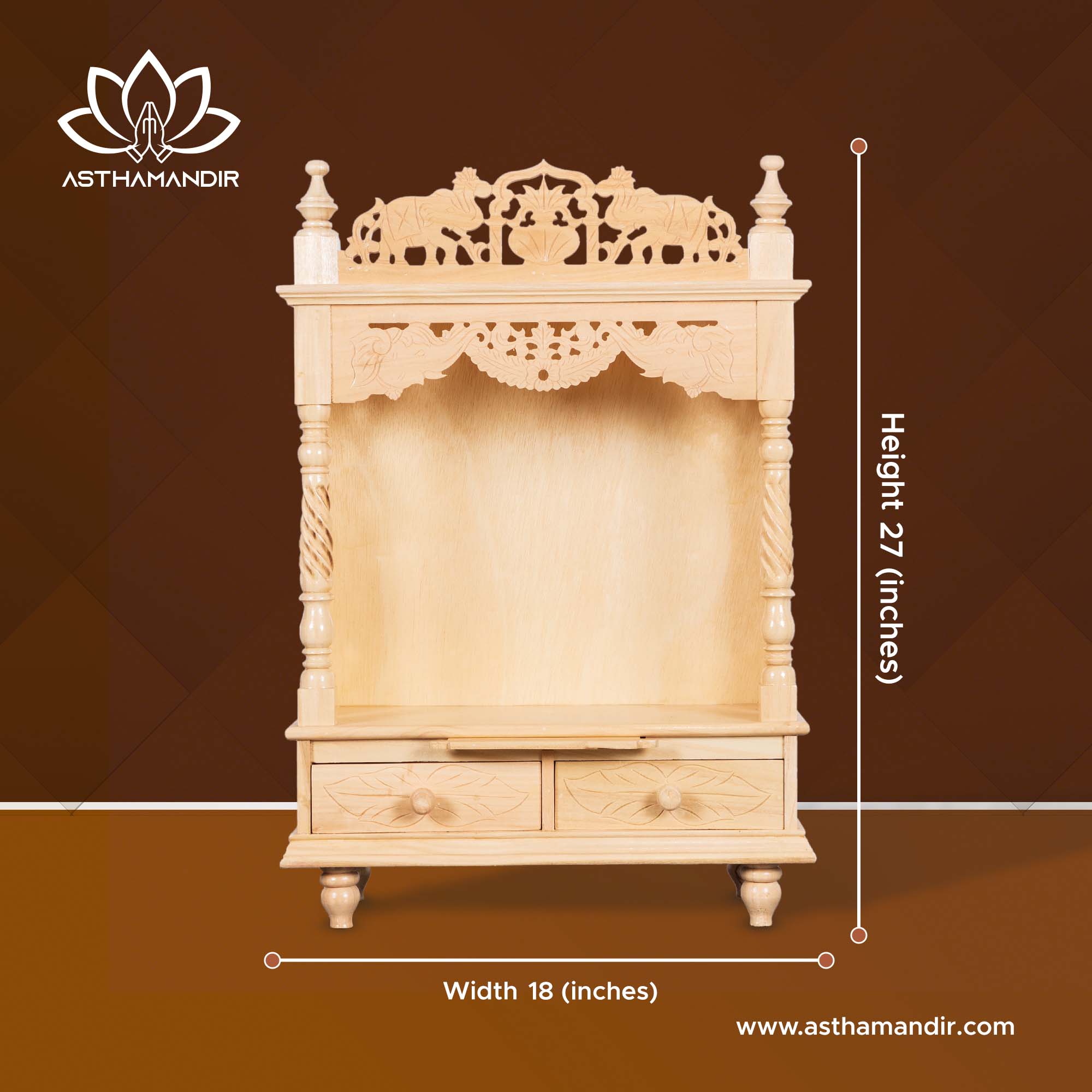 Graceful Wooden Mandir with Dual Drawers & Elephant Design Shikhar