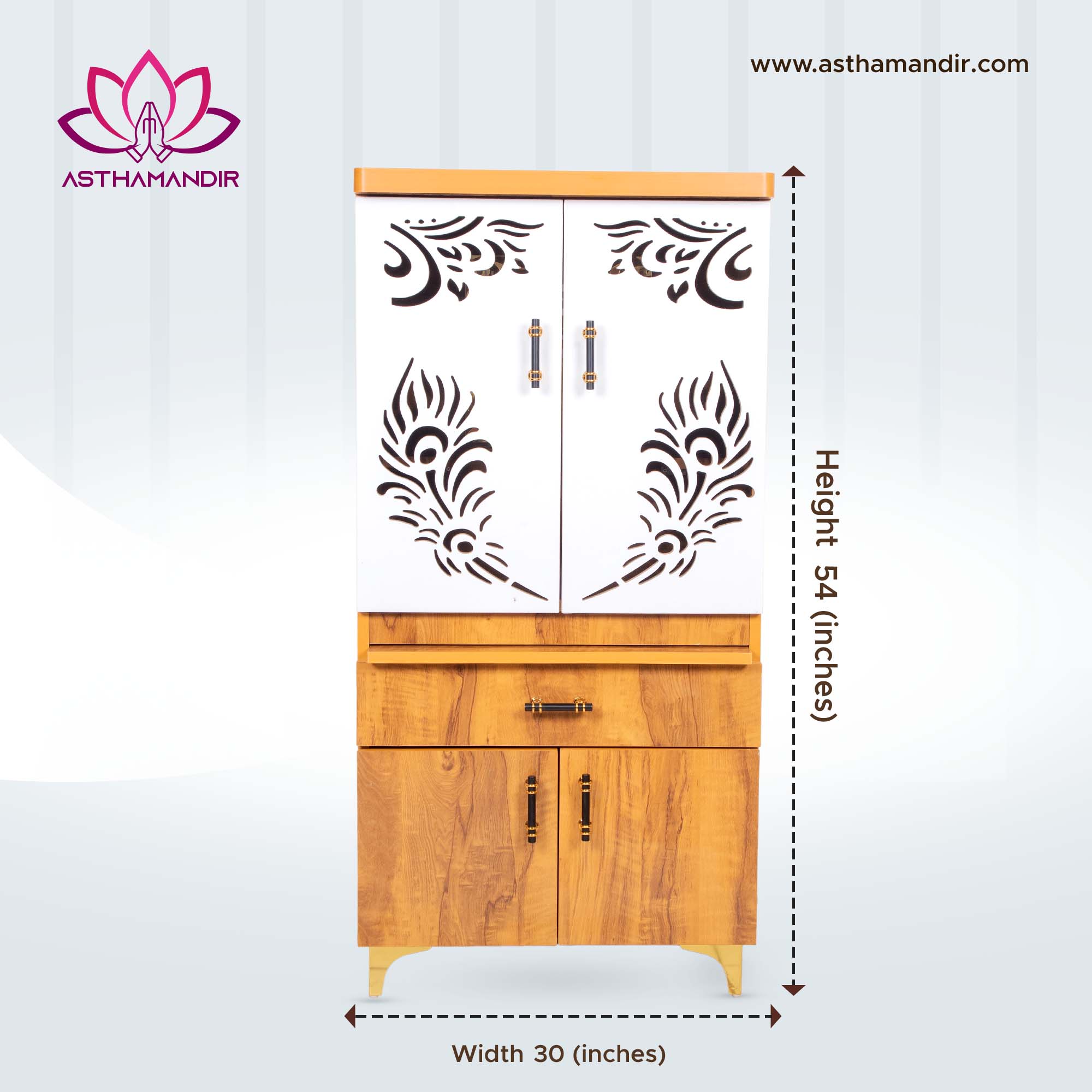 Trinity Grace Mandir with Triple Step Platform & Gold Mirror Peacock Feather Panel