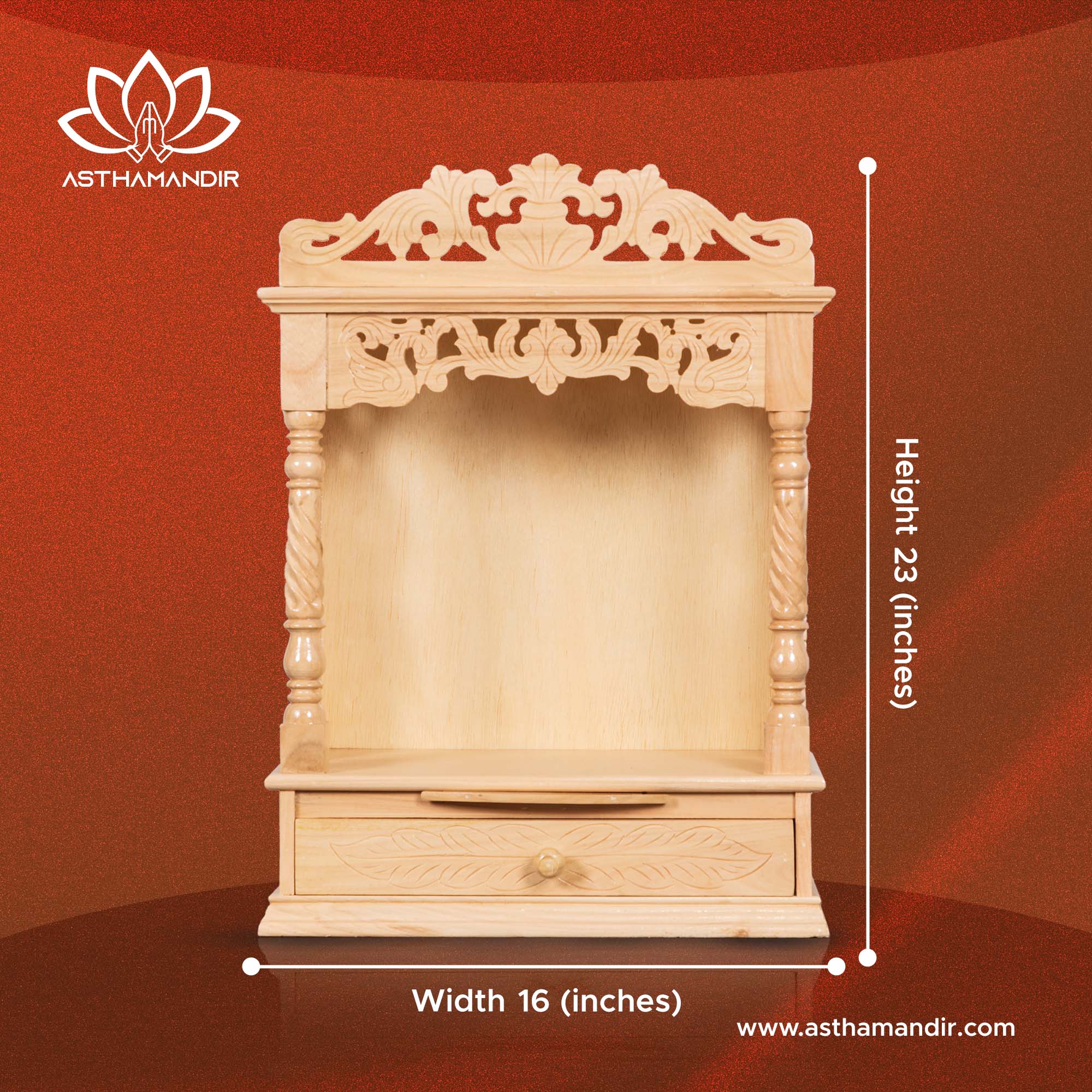 Premium Handcrafted Wooden Mandir with Side Carving and Storage Drawer