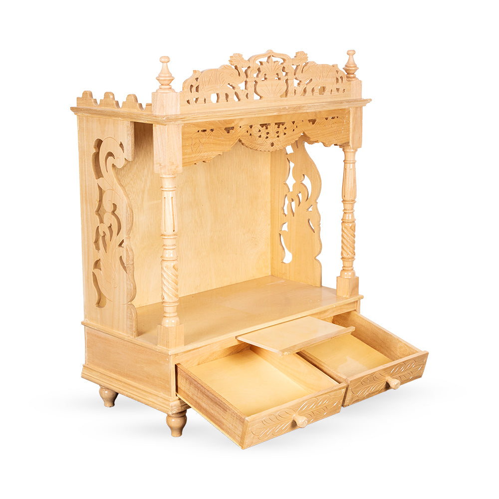 Traditional Open Wooden Temple with Double Drawer Storage