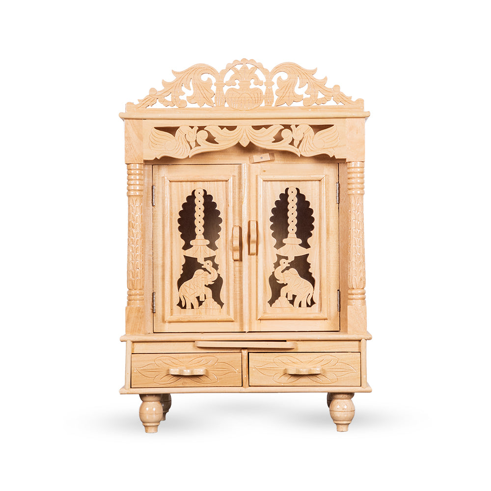 Majestic Wooden Mandir with Double Drawer & Carved Elephant Doors