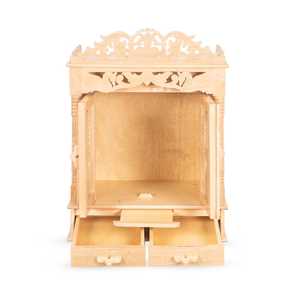 Premium Handcrafted Wooden Mandir with Side Carving and Storage Drawer