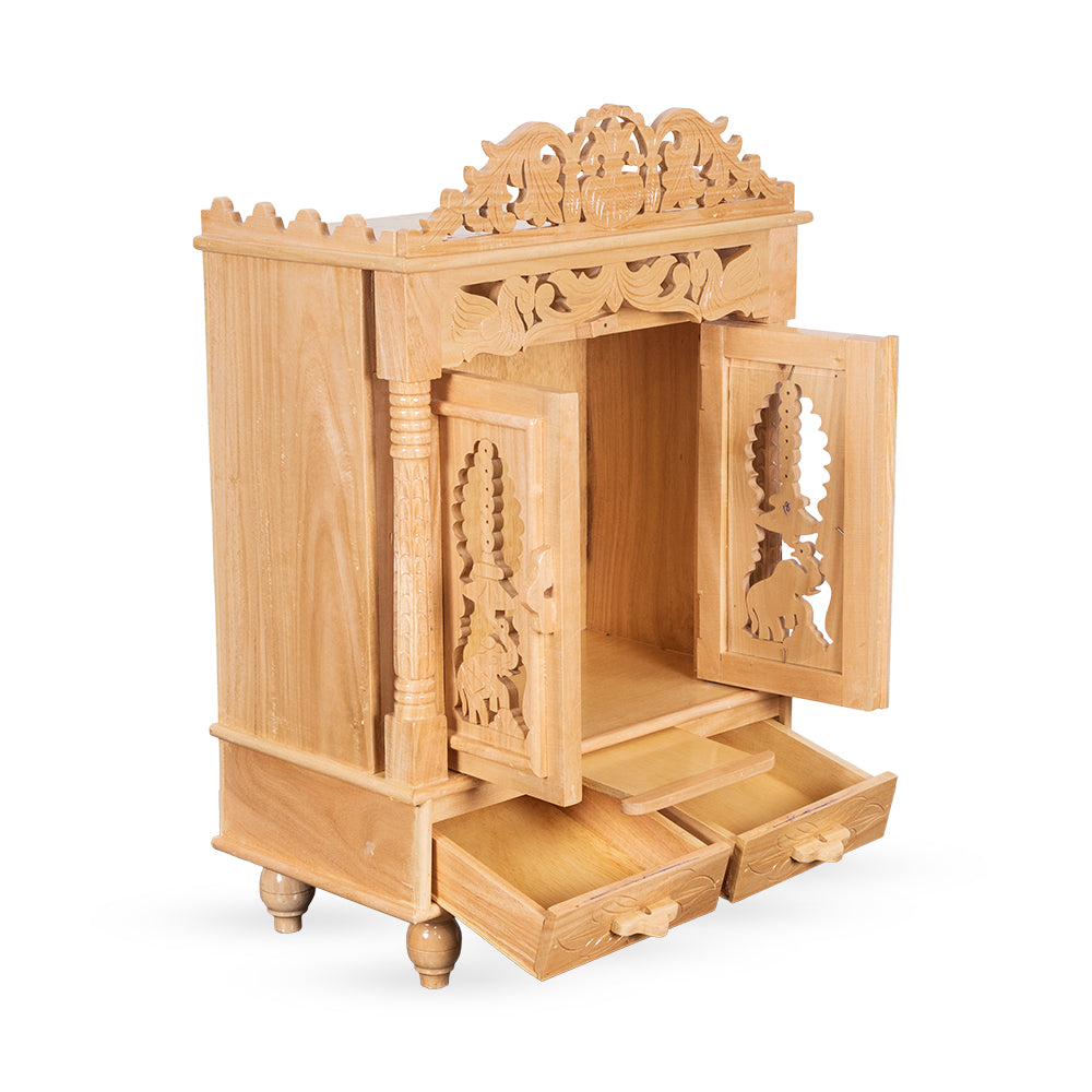 Majestic Wooden Mandir with Double Drawer & Carved Elephant Doors