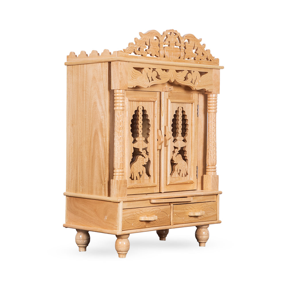 Majestic Wooden Mandir with Double Drawer & Carved Elephant Doors