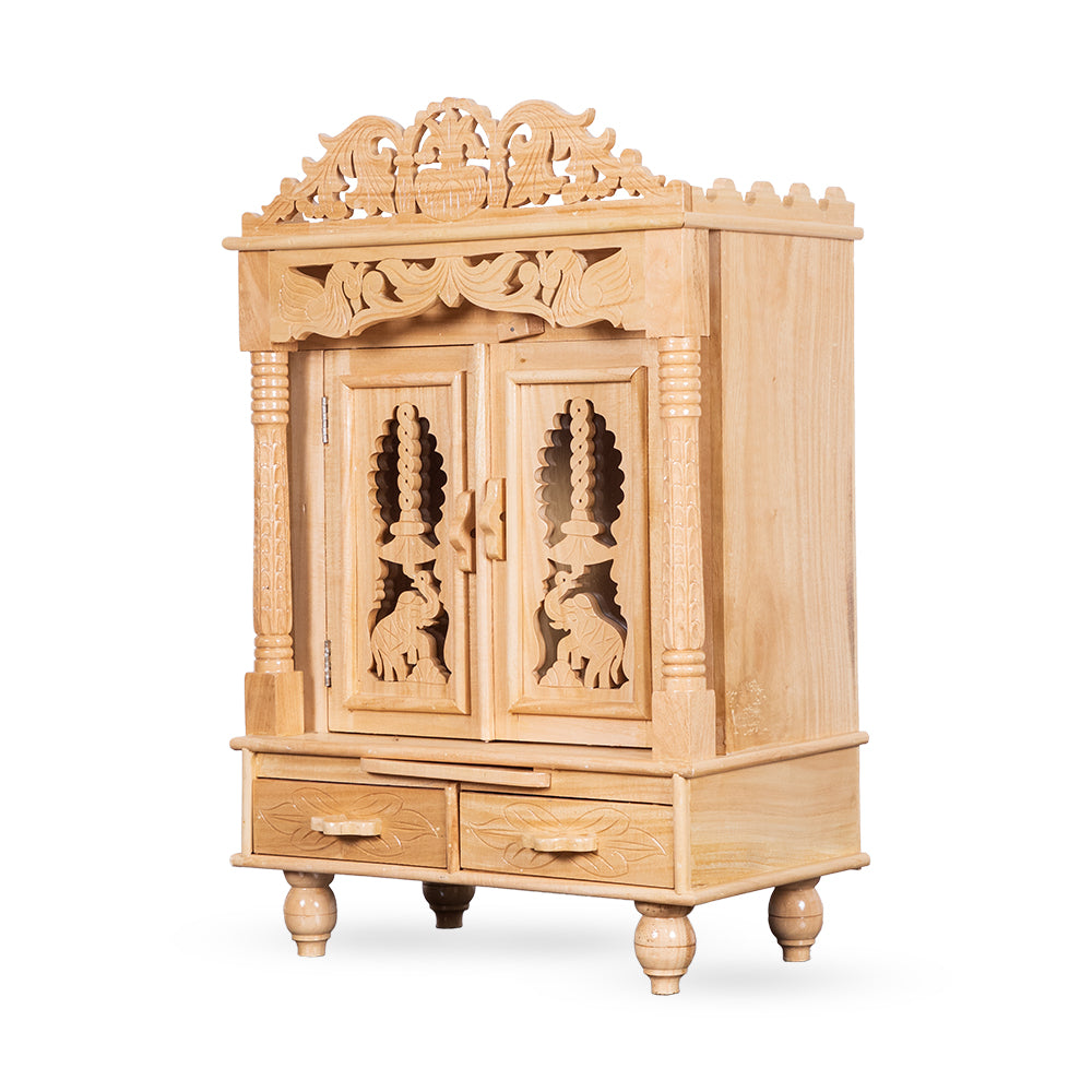 Majestic Wooden Mandir with Double Drawer & Carved Elephant Doors