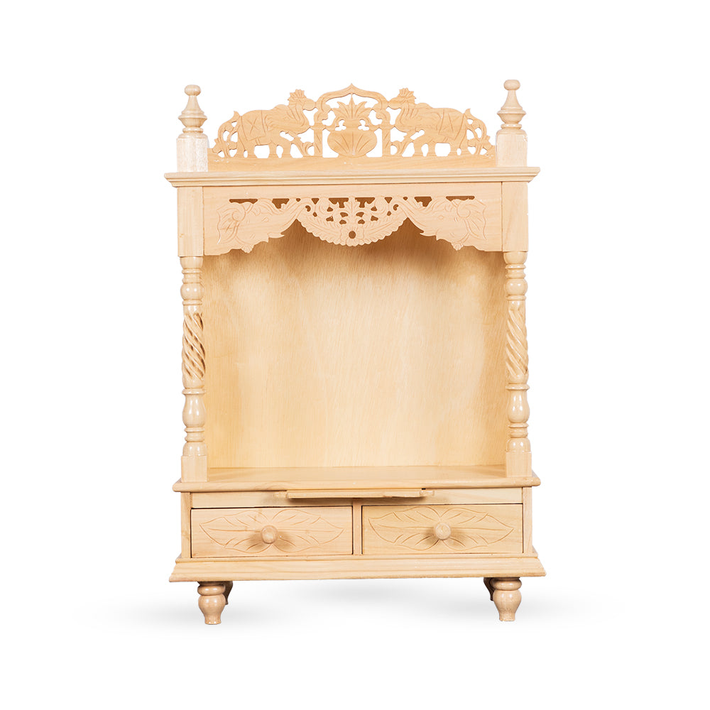 Graceful Wooden Mandir with Dual Drawers & Elephant Design Shikhar