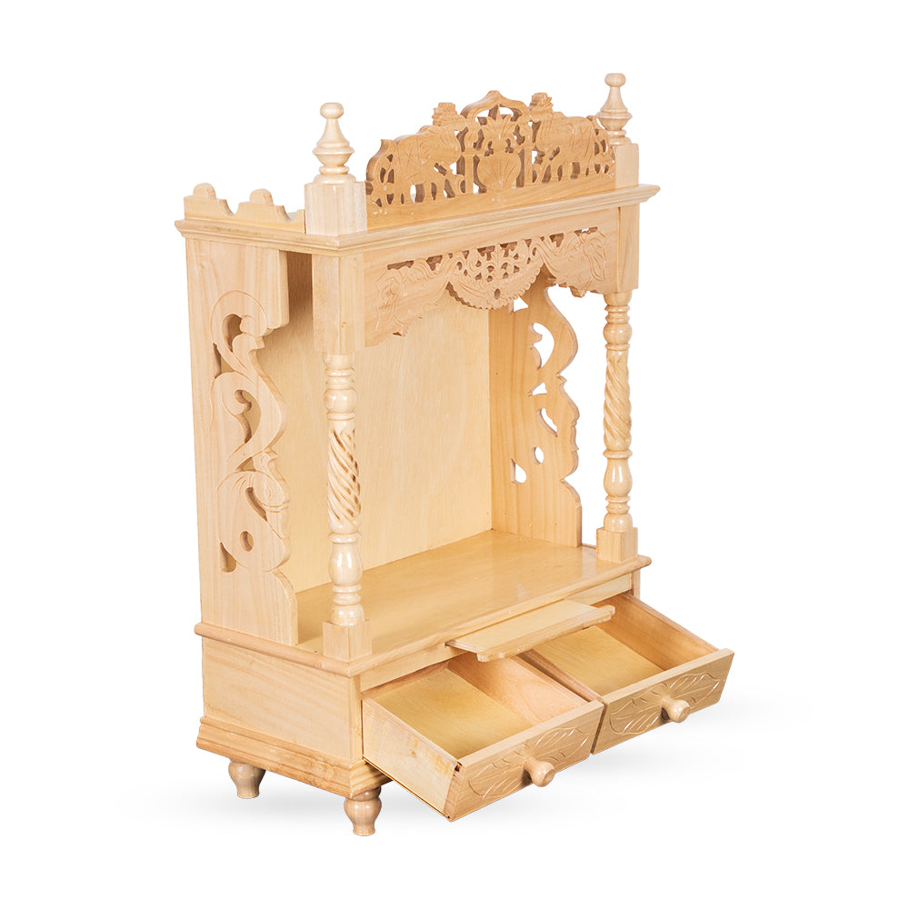 Graceful Wooden Mandir with Dual Drawers & Elephant Design Shikhar