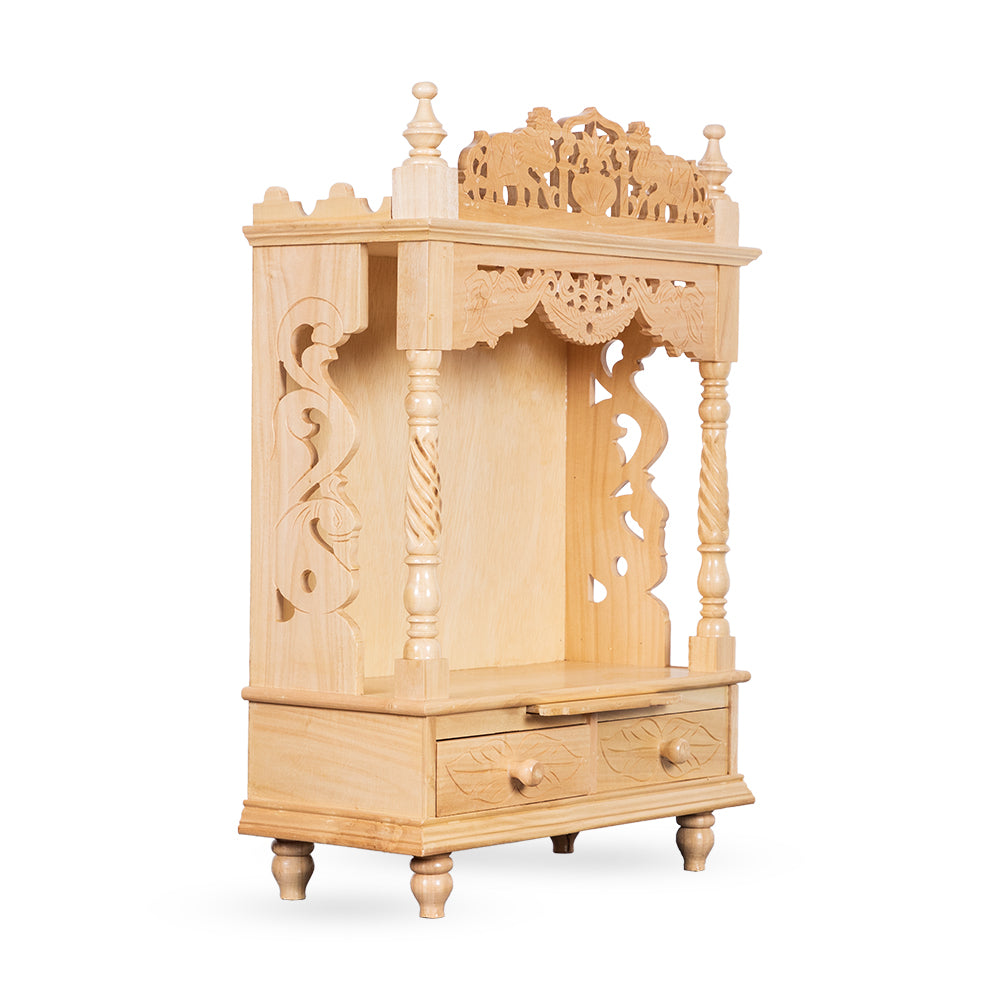 Graceful Wooden Mandir with Dual Drawers & Elephant Design Shikhar