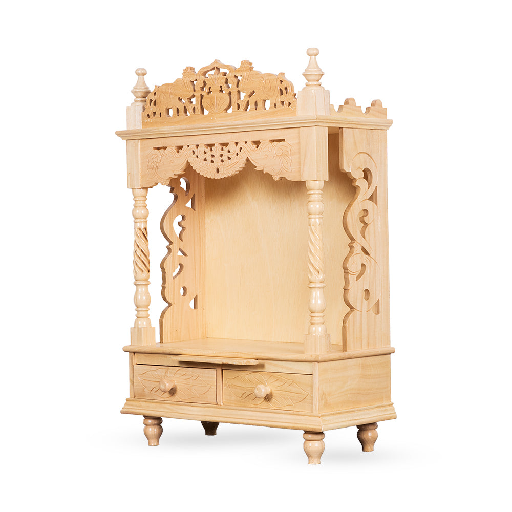 Graceful Wooden Mandir with Dual Drawers & Elephant Design Shikhar
