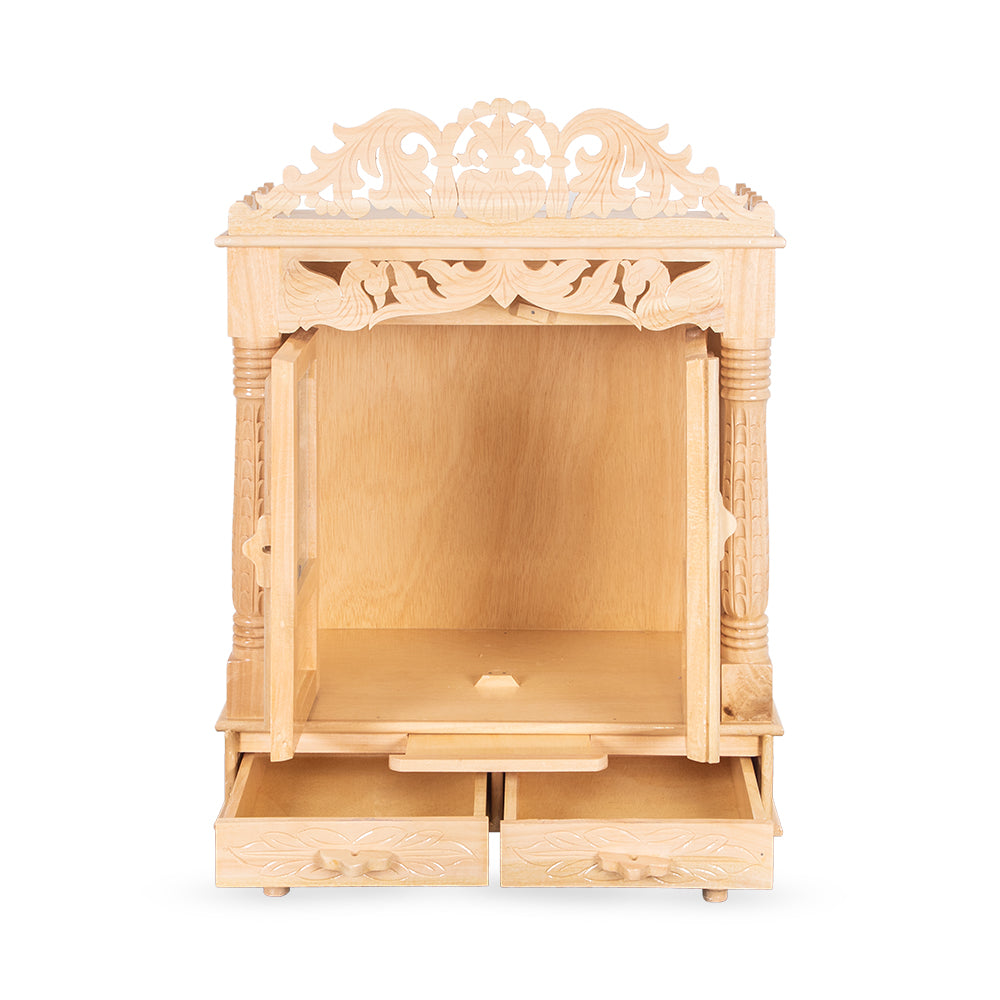 Majestic Wooden Mandir with Double Drawer & Carved Elephant Doors