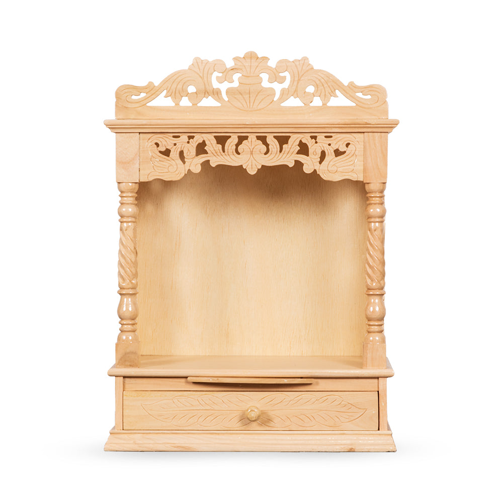 Premium Handcrafted Wooden Mandir with Side Carving and Storage Drawer