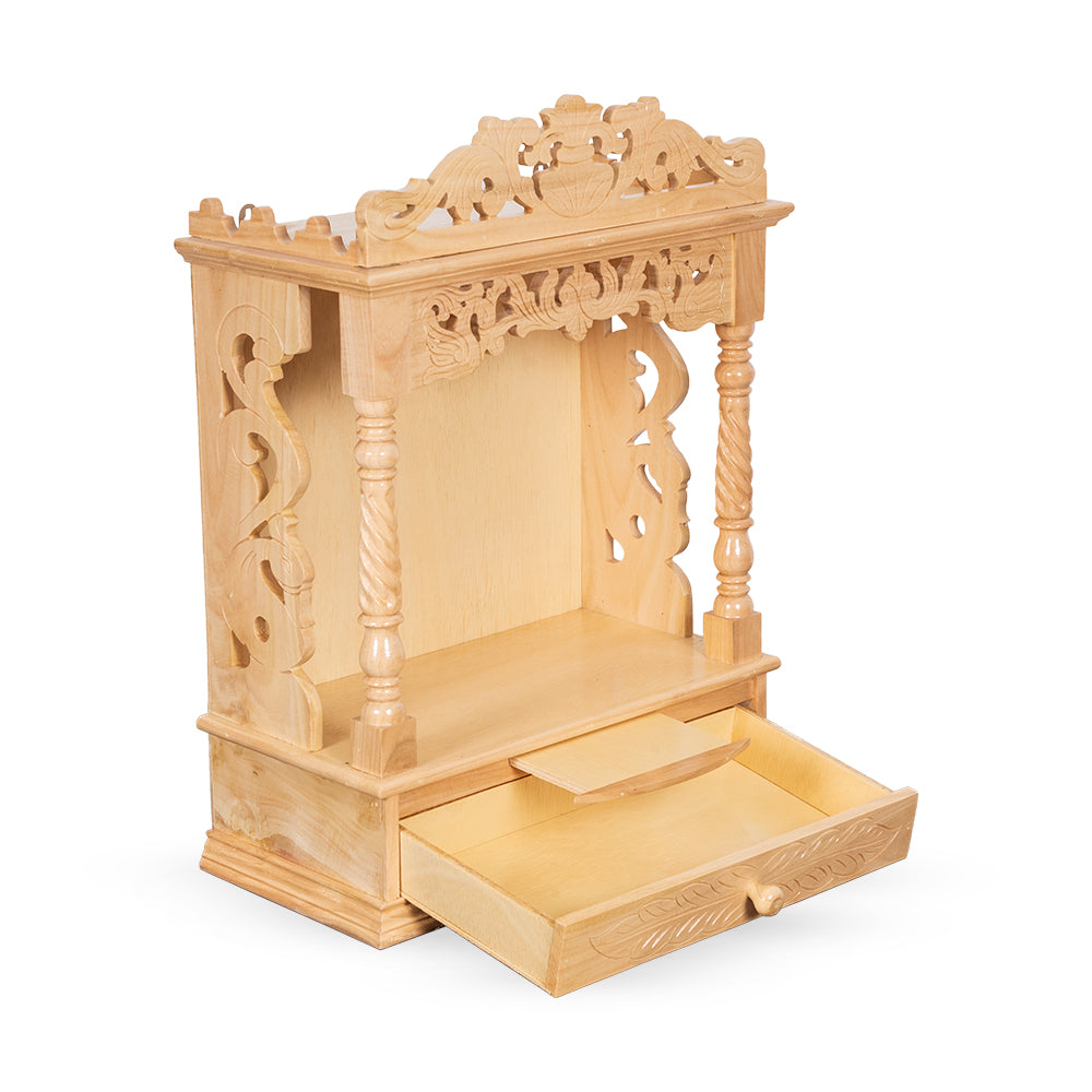 Premium Handcrafted Wooden Mandir with Side Carving and Storage Drawer