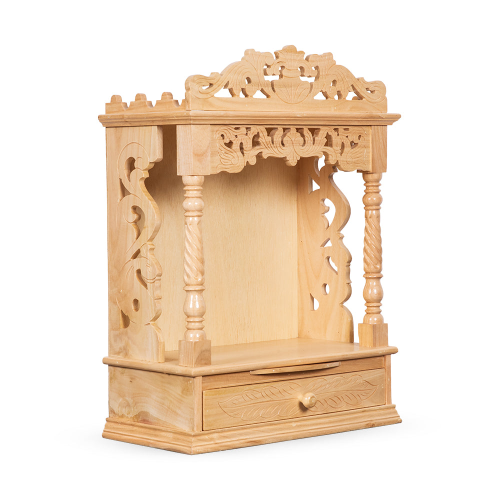 Premium Handcrafted Wooden Mandir with Side Carving and Storage Drawer