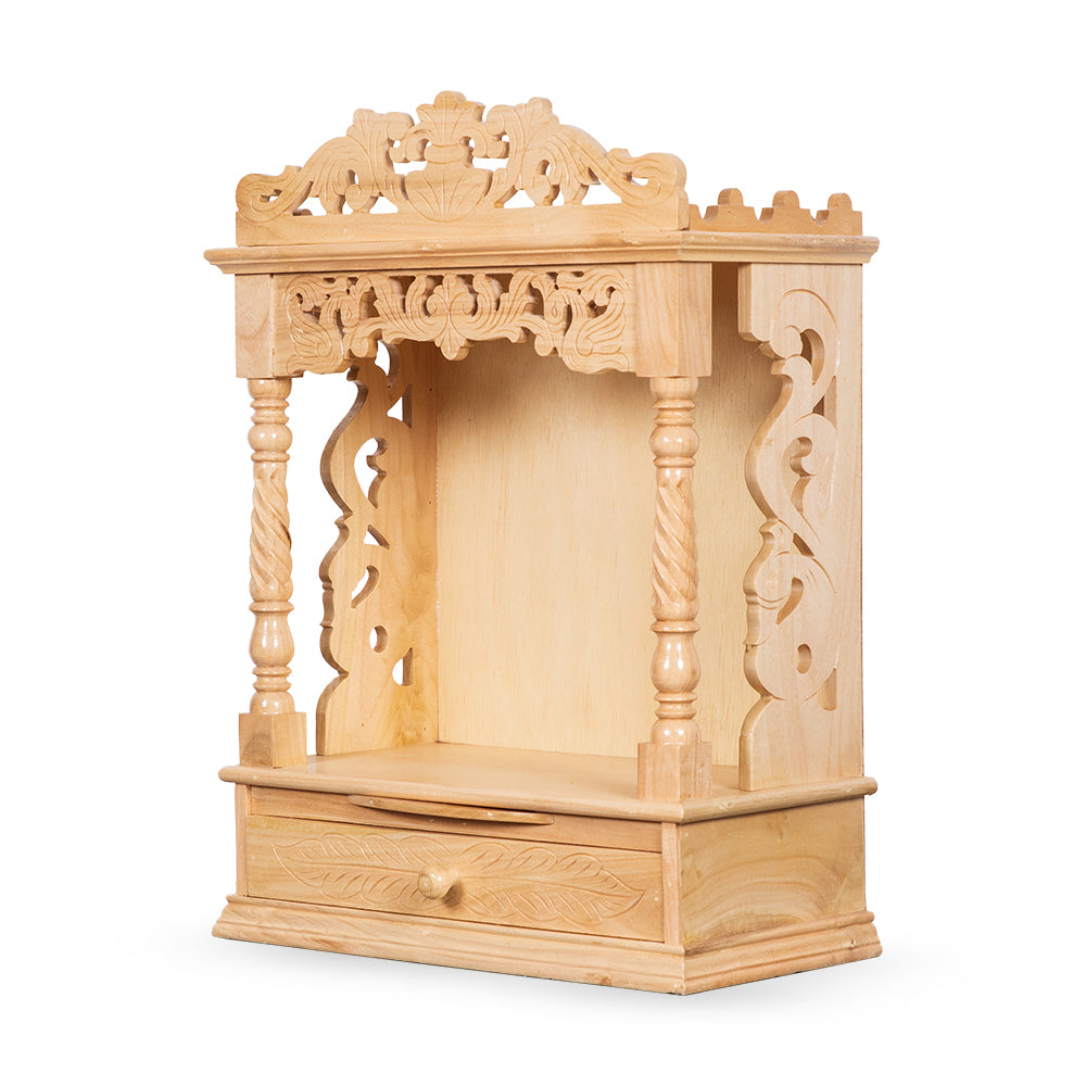 Premium Handcrafted Wooden Mandir with Side Carving and Storage Drawer