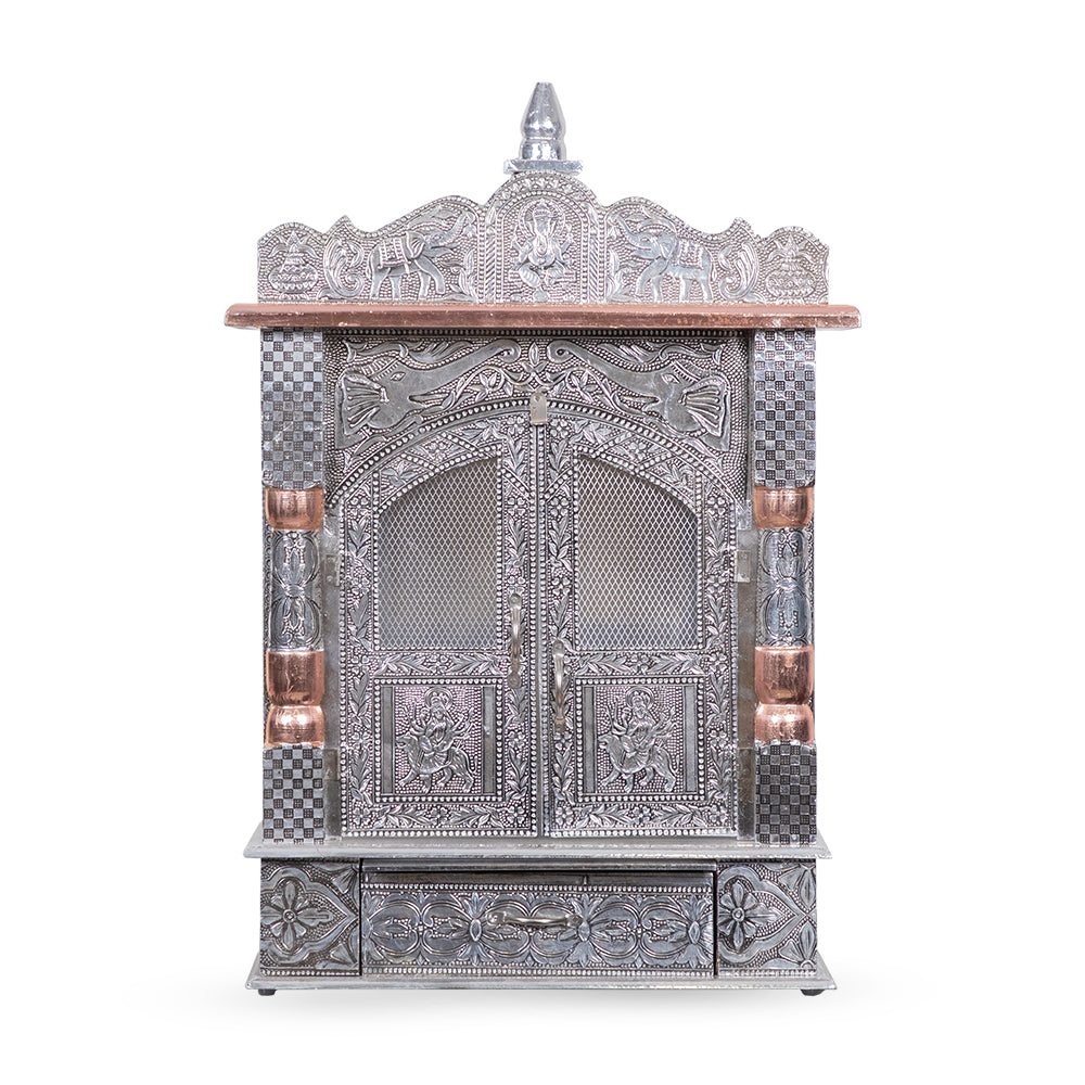 Royal Metal Pooja Mandir with Ornamental Embossed Doors & Dome