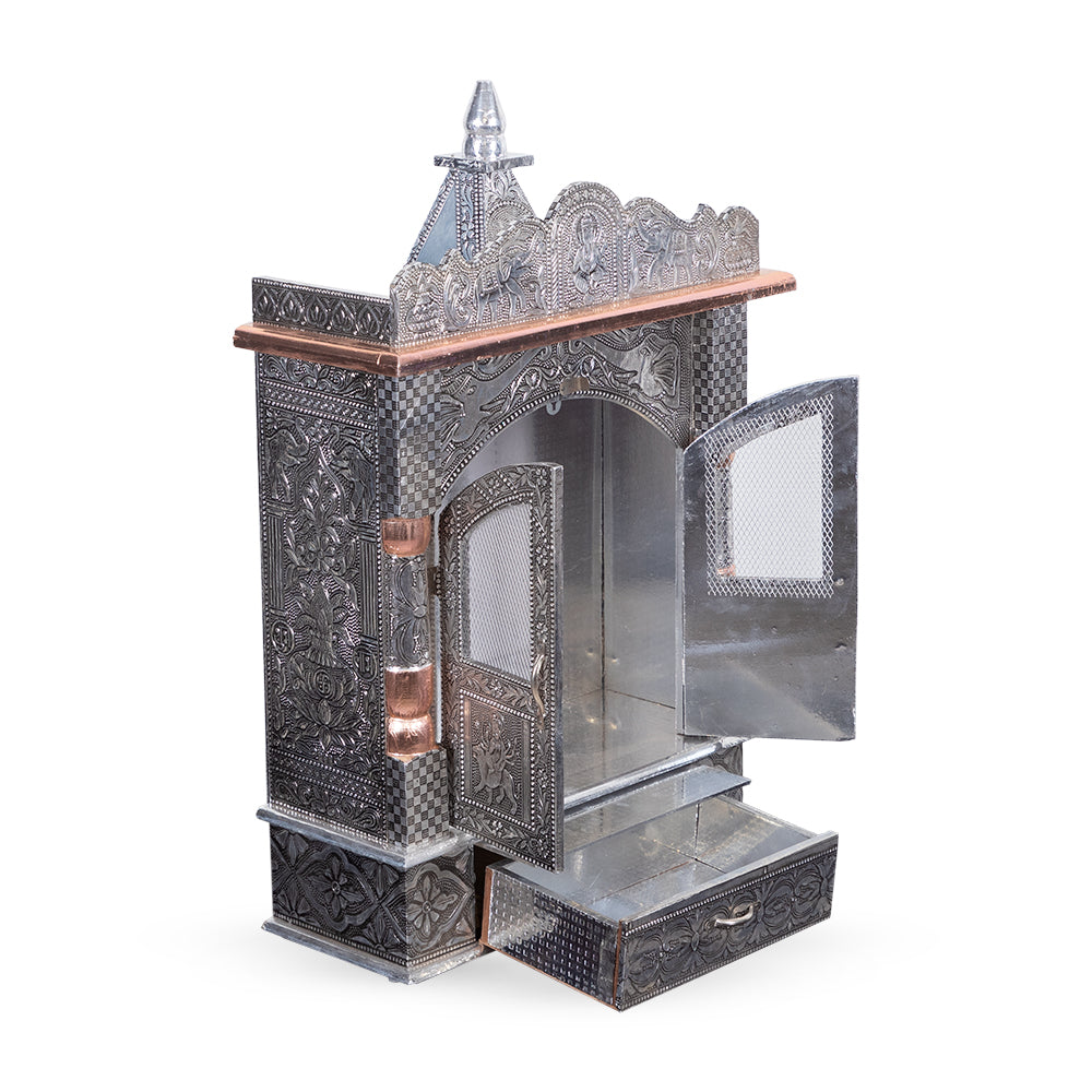 Royal Metal Pooja Mandir with Ornamental Embossed Doors & Dome