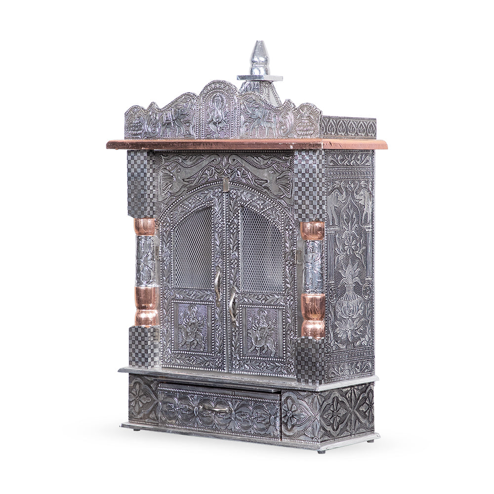 Royal Metal Pooja Mandir with Ornamental Embossed Doors & Dome