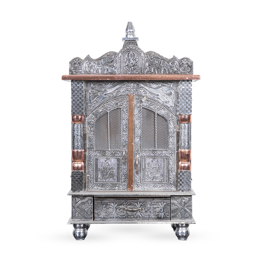 Antique Dome-Top Metal Pooja Mandir with Swastik & Drawer Design
