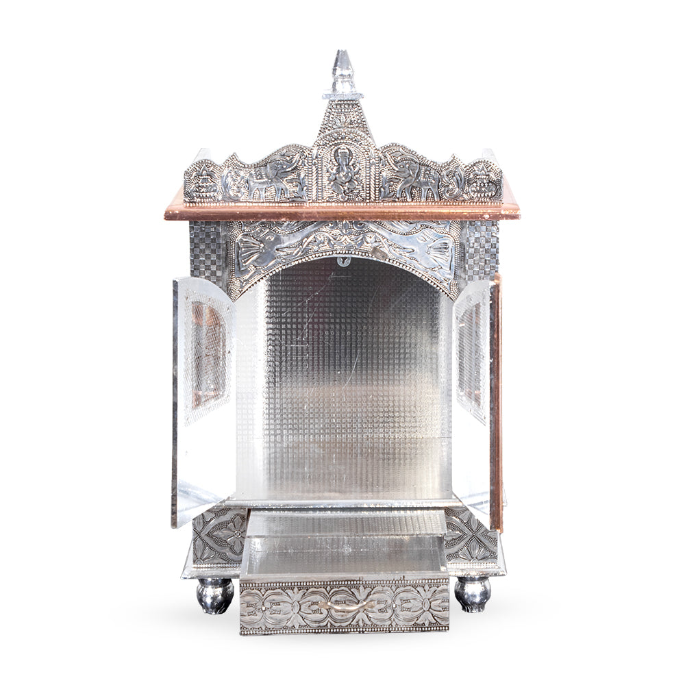 Antique Dome-Top Metal Pooja Mandir with Swastik & Drawer Design