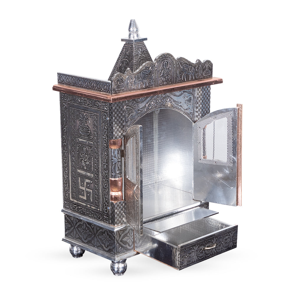 Antique Dome-Top Metal Pooja Mandir with Swastik & Drawer Design