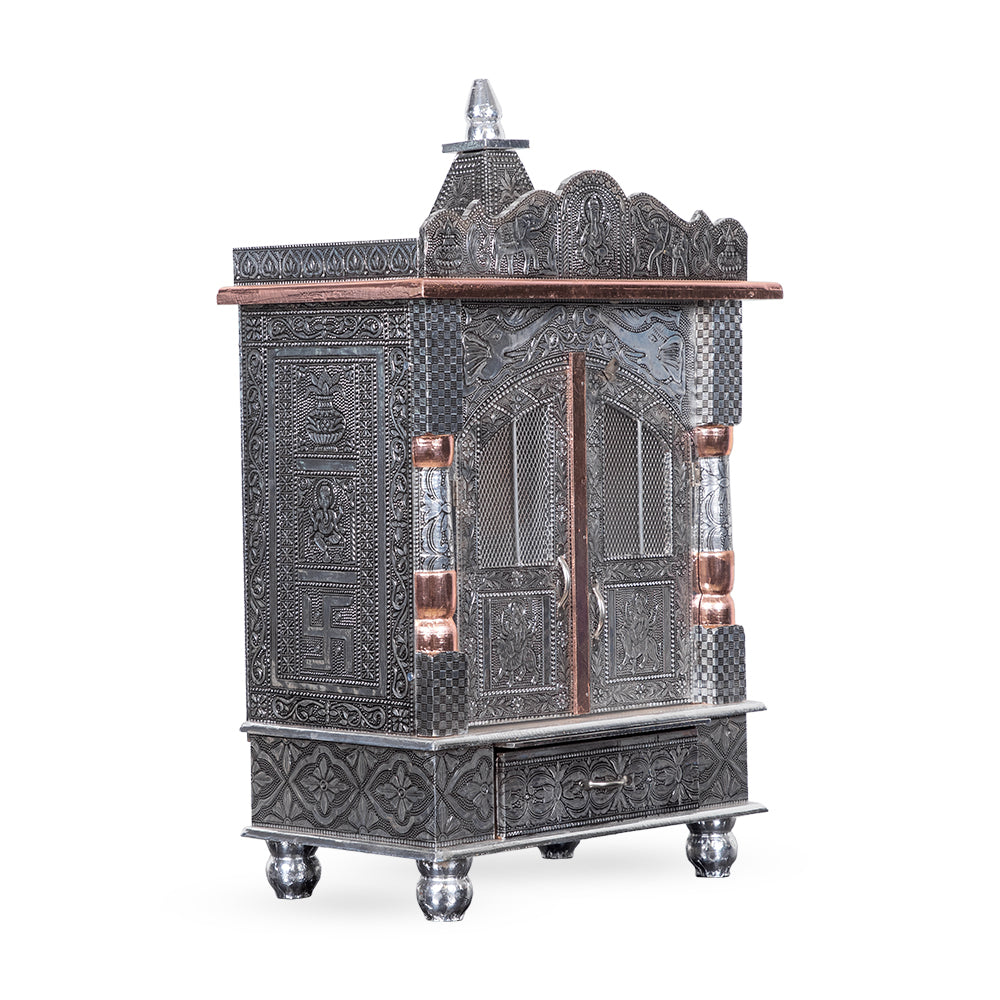Antique Dome-Top Metal Pooja Mandir with Swastik & Drawer Design