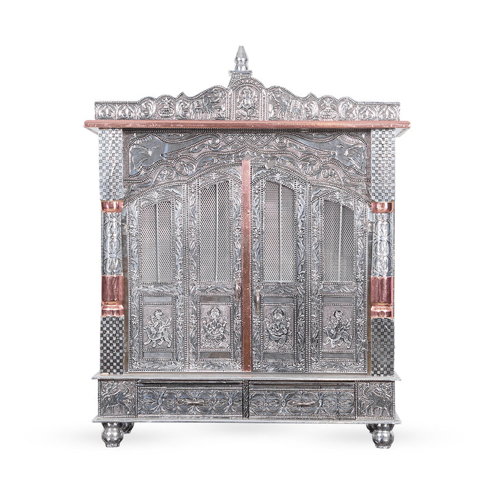 Grand Heritage Metal Pooja Mandir with Dual Drawer & Dome Architecture