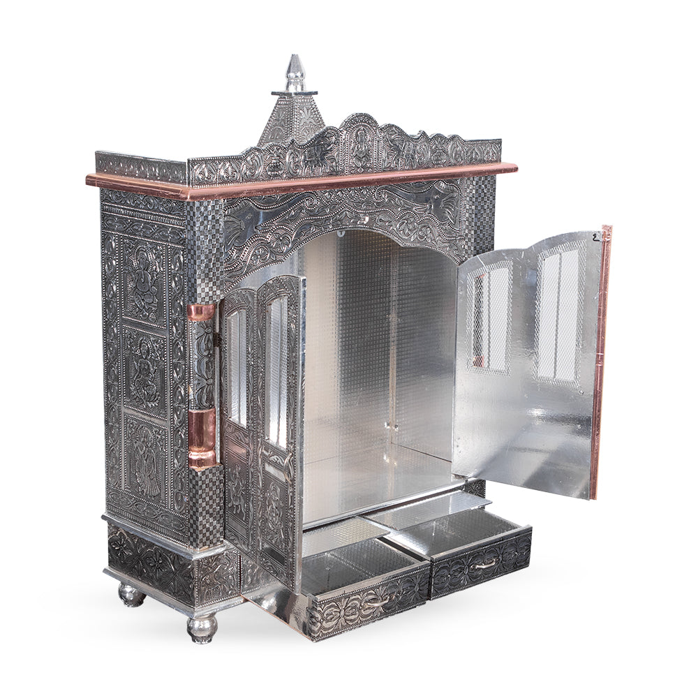 Grand Heritage Metal Pooja Mandir with Dual Drawer & Dome Architecture
