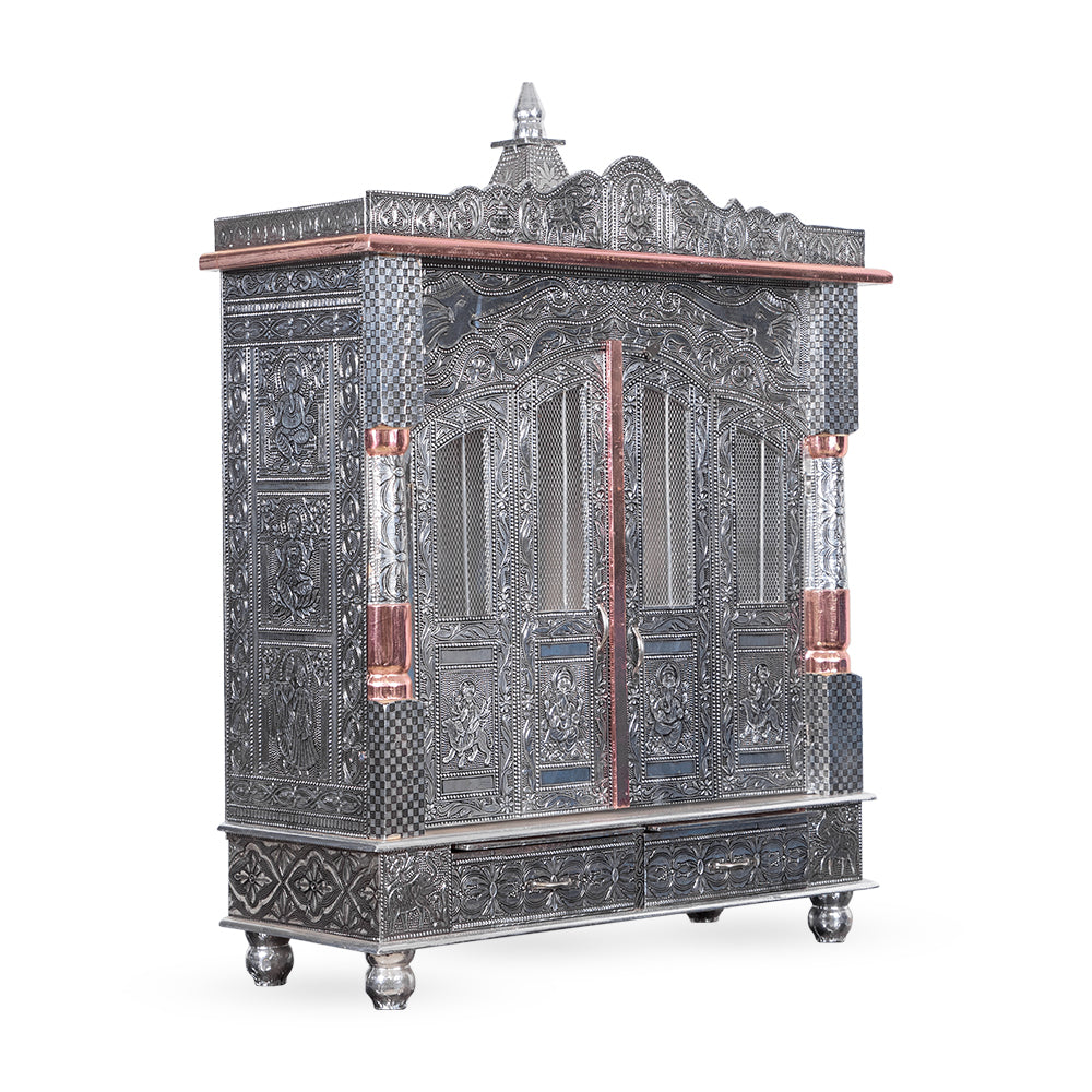 Grand Heritage Metal Pooja Mandir with Dual Drawer & Dome Architecture