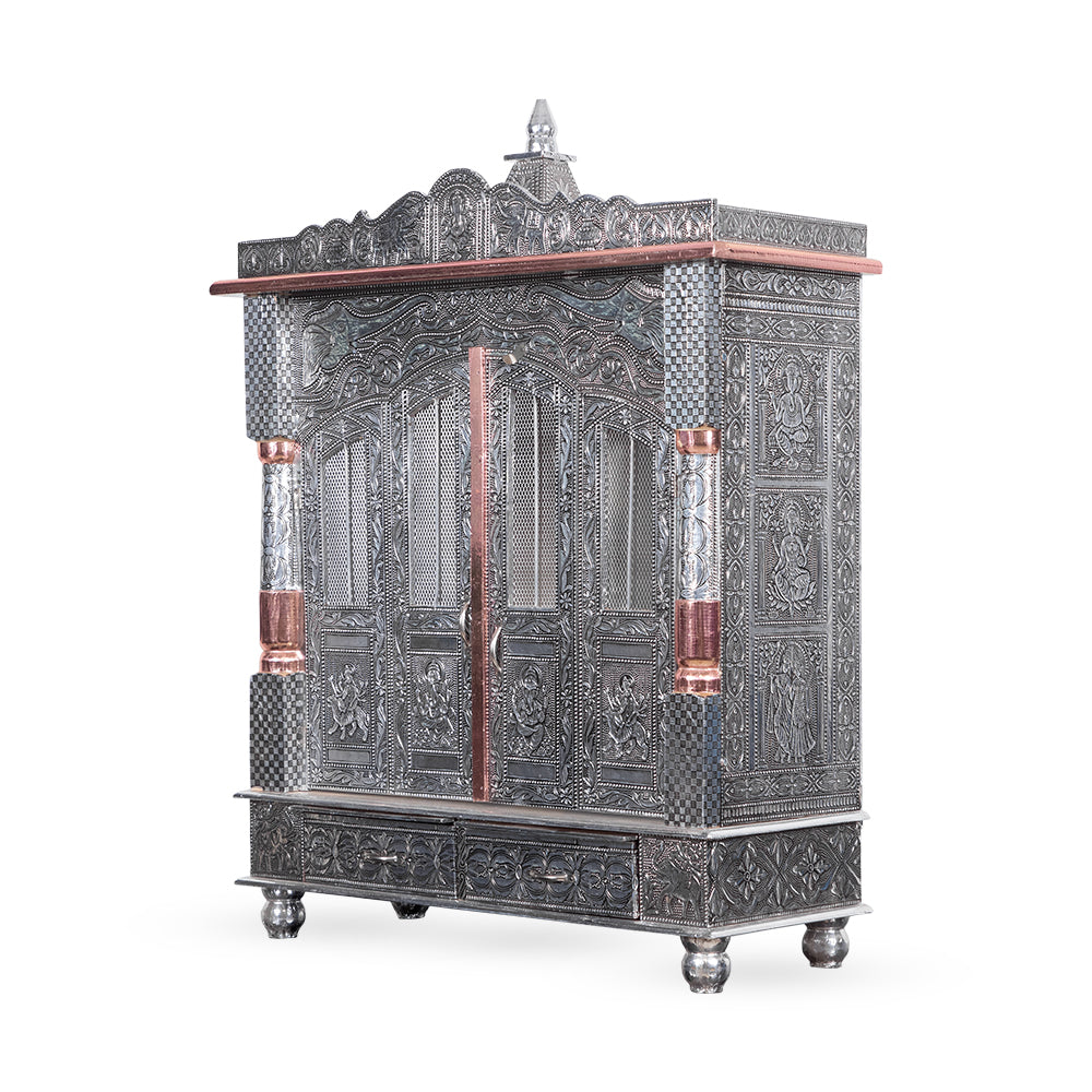 Grand Heritage Metal Pooja Mandir with Dual Drawer & Dome Architecture