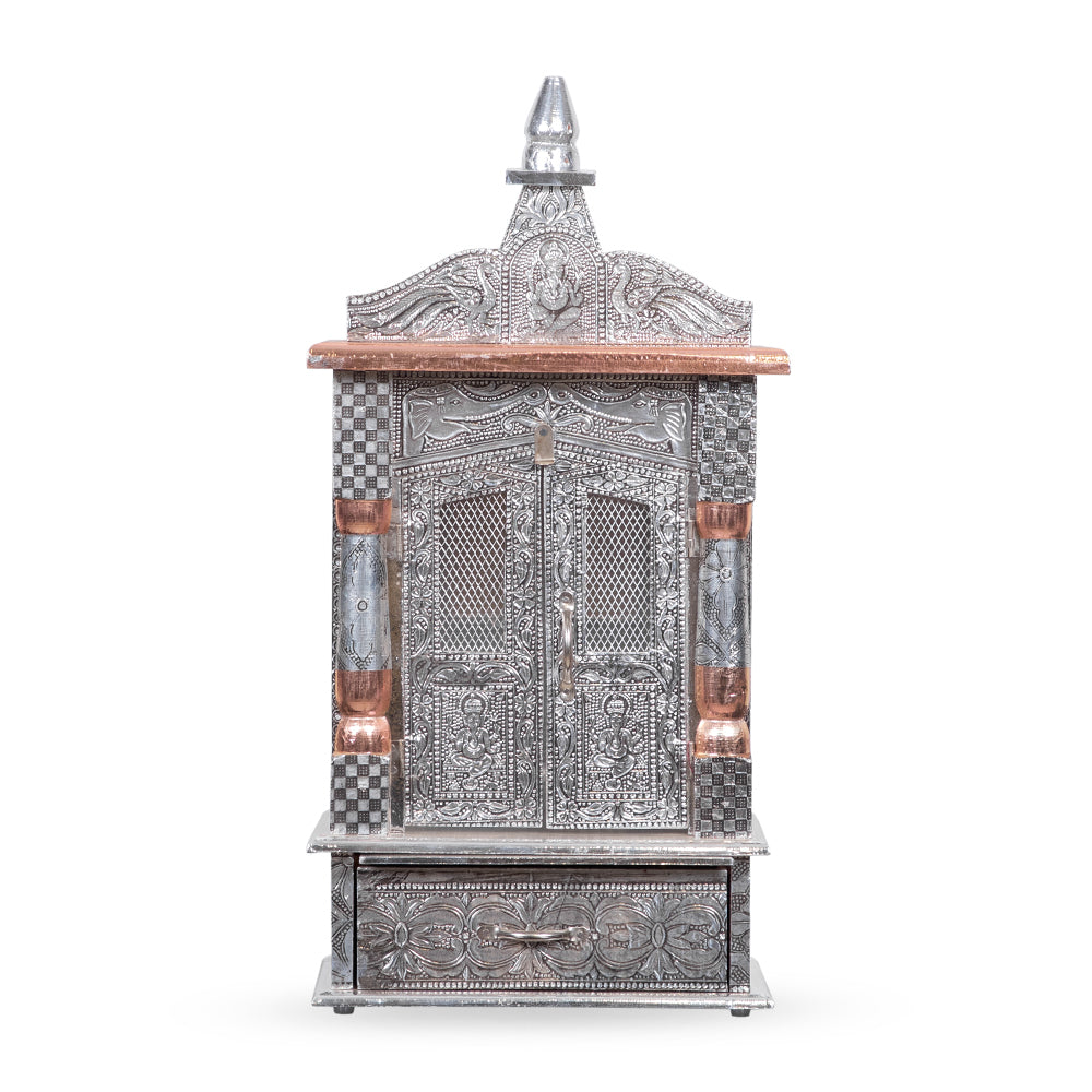 Regal Temple-Tower Metal Mandir with Elephant Motifs & Copper Crown