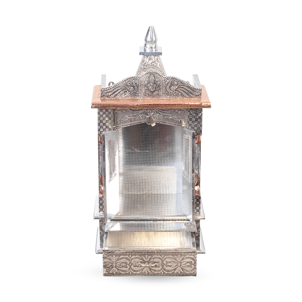 Regal Temple-Tower Metal Mandir with Elephant Motifs & Copper Crown