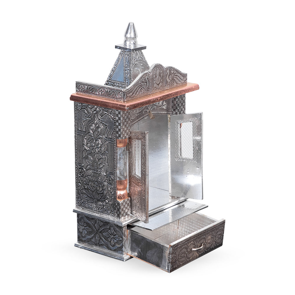Regal Temple-Tower Metal Mandir with Elephant Motifs & Copper Crown