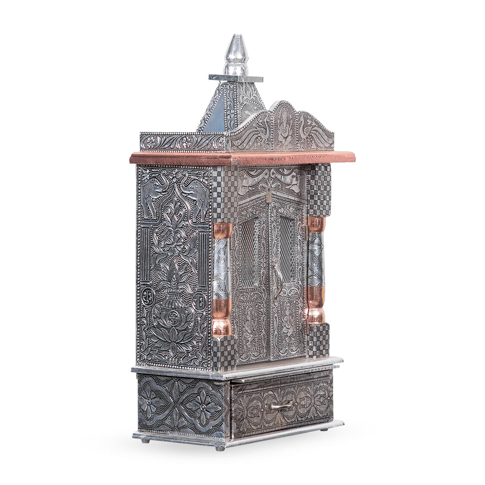 Regal Temple-Tower Metal Mandir with Elephant Motifs & Copper Crown