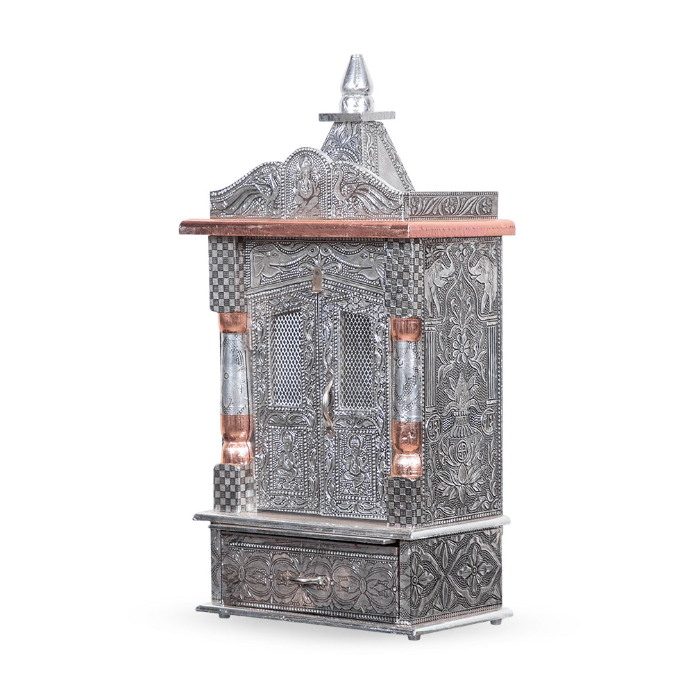 Regal Temple-Tower Metal Mandir with Elephant Motifs & Copper Crown