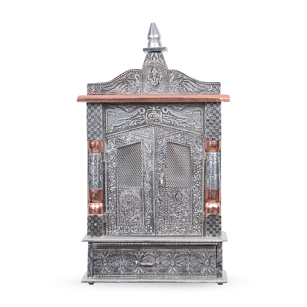 Celestial Heritage Metal Mandir with Lotus Engravings & Copper Dome Accent