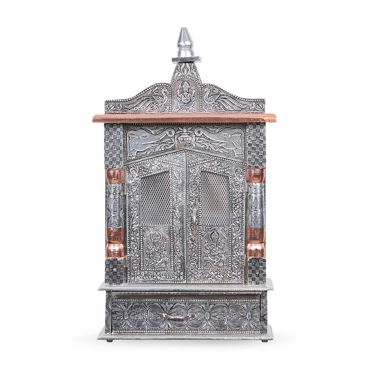 Celestial Heritage Metal Mandir with Lotus Engravings & Copper Dome Accent