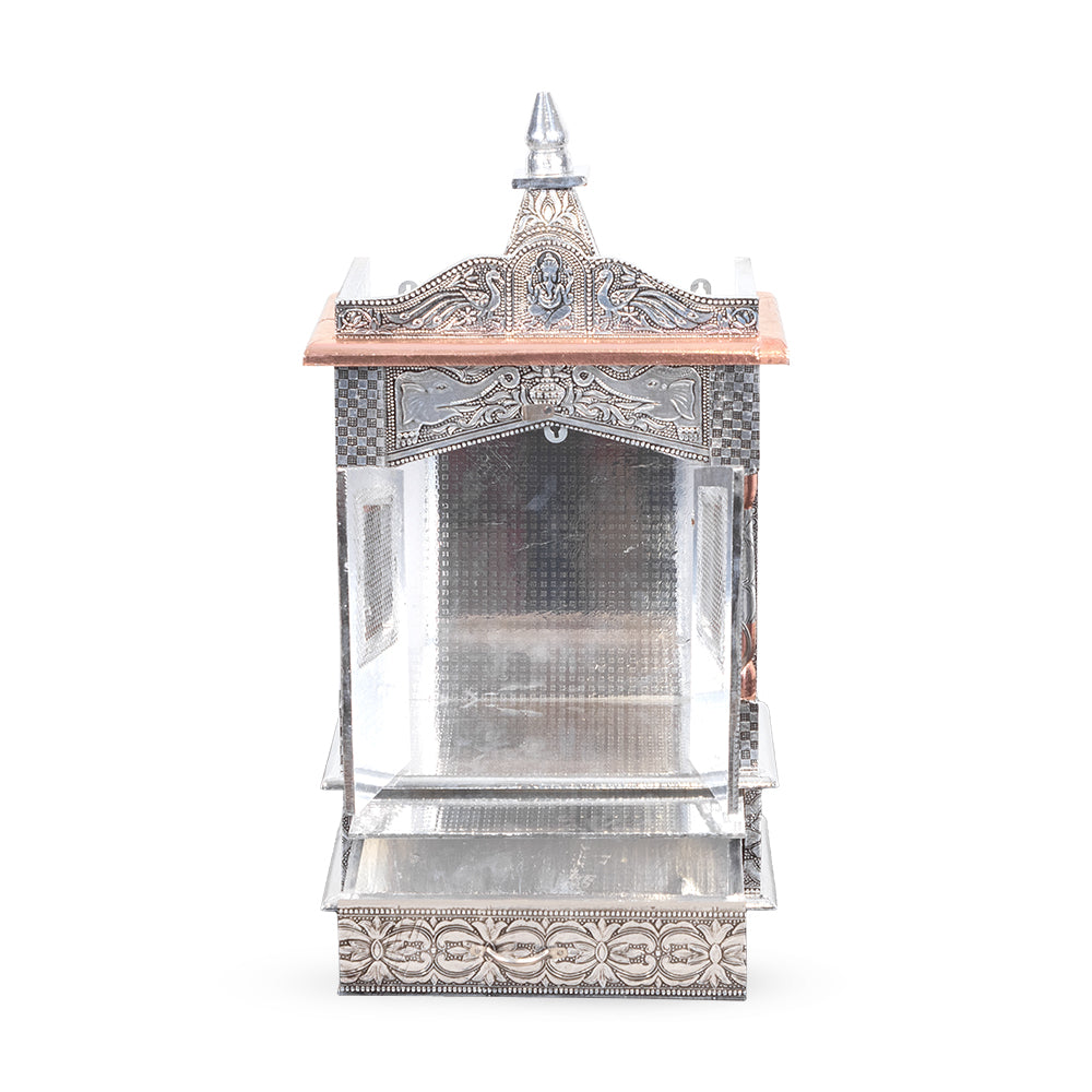 Celestial Heritage Metal Mandir with Lotus Engravings & Copper Dome Accent