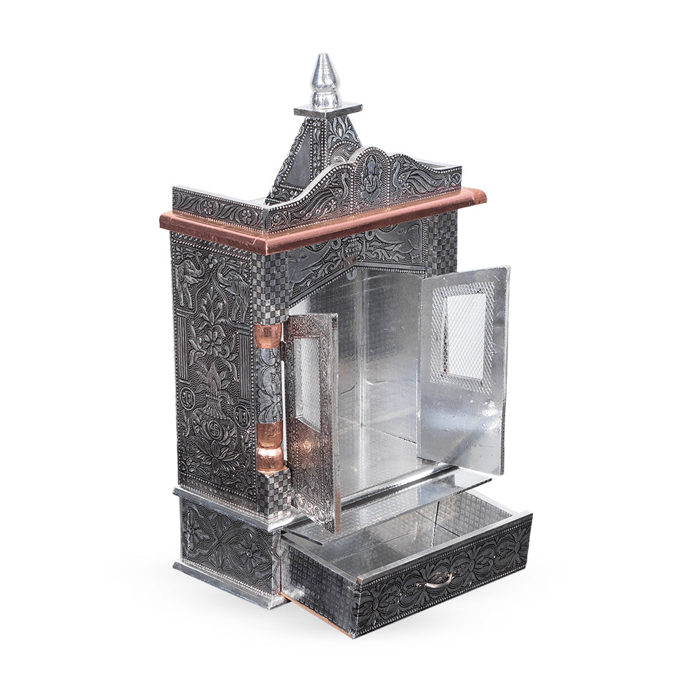 Celestial Heritage Metal Mandir with Lotus Engravings & Copper Dome Accent