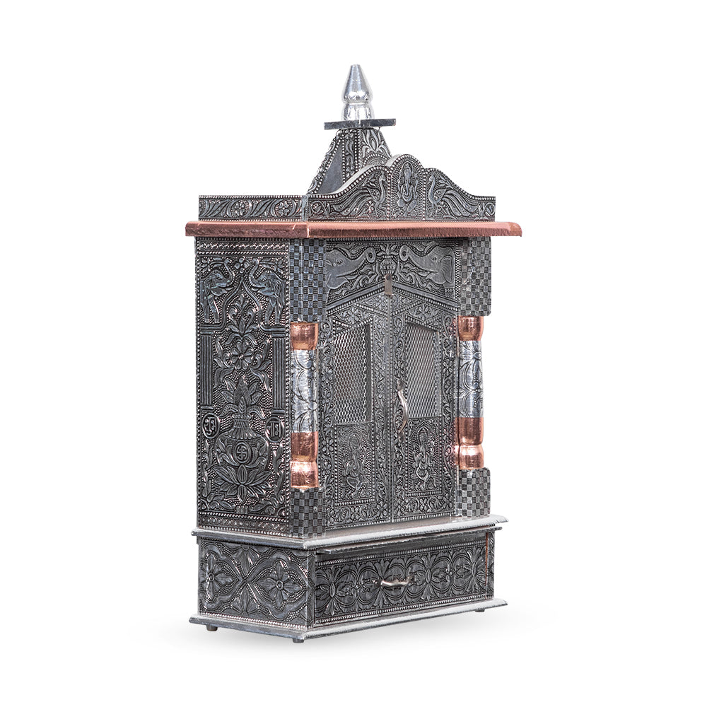 Celestial Heritage Metal Mandir with Lotus Engravings & Copper Dome Accent
