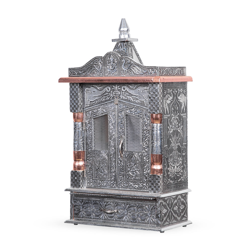 Celestial Heritage Metal Mandir with Lotus Engravings & Copper Dome Accent